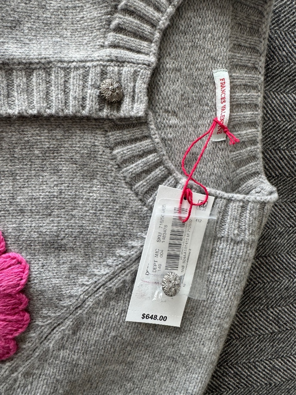 NWT, FRANCES VALENTINE, DARLING PINK EMBROIDERED FLORAL LAMBSWOOL SWEATER - Picture 5 of 12
